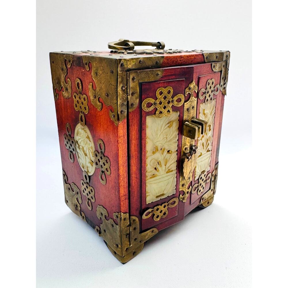 Small Chinese-Style Brass Mounted Jewelry Cabinet with Carved Stone Panels
